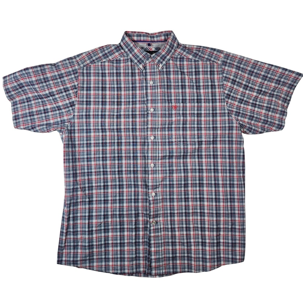 Ariat Pro Series Mens XL Short Sleeve Button Down Shirt Blue Red Plaid Mesh Yoke